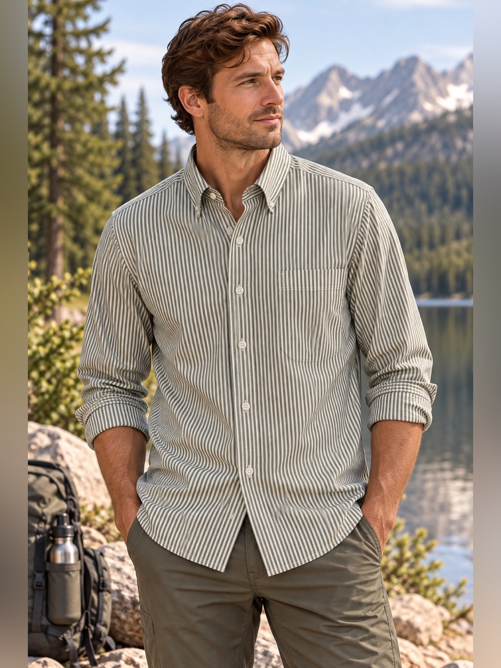 Eddie Bauer Men’s Large Green White Stripe Wrinkle Resistant Button Down Shirt